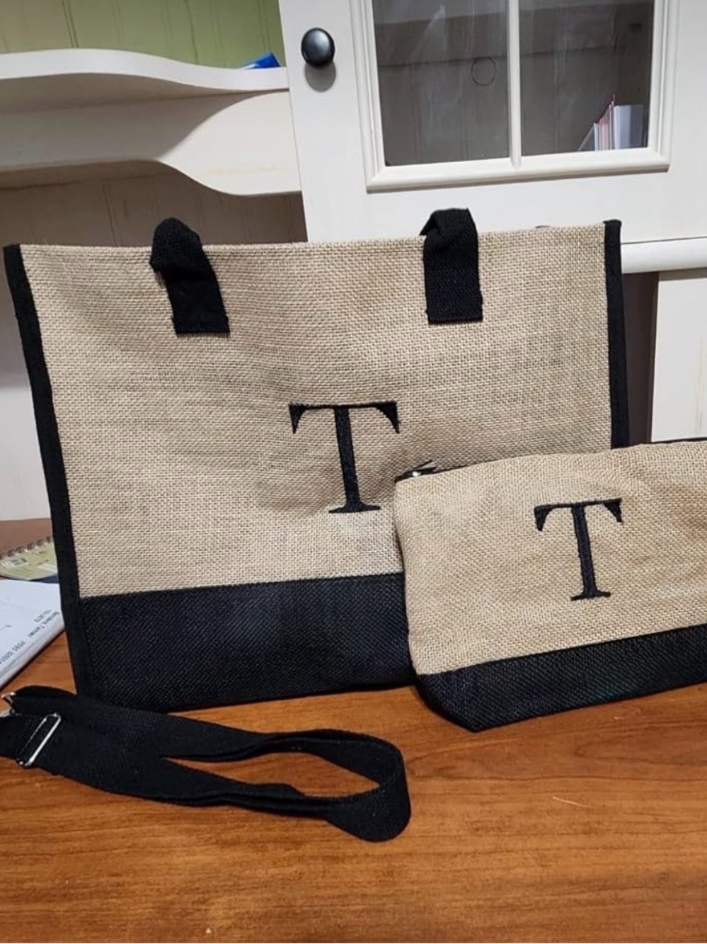 Monogrammed Beige and Black Tote Bag with Matching Pouch - Initial T